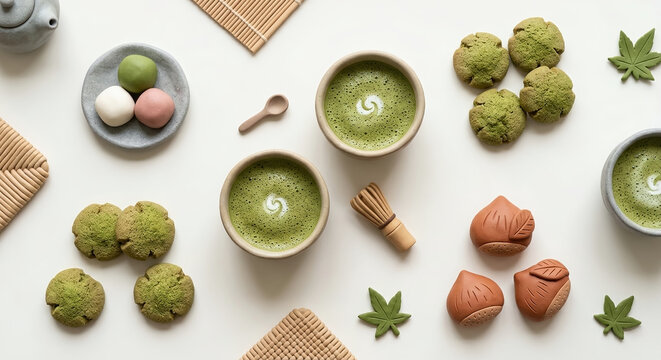Flat lay of matcha green tea latte cups with dango and cookies on a white background