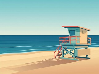 Obraz premium Lifeguard tower on empty beach with vast ocean horizon
