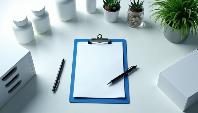 Minimal desk setup with clipboard and pens. White office supplies and potted plants on clean surface. Organization and planning concept for business or study.