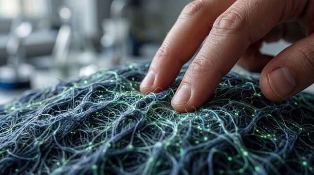 Fingers gently touch a dense network of dark fibers woven with glowing green luminescent threads. The close-up conveys a tactile, mysterious, and complex bio-tech feeling.
