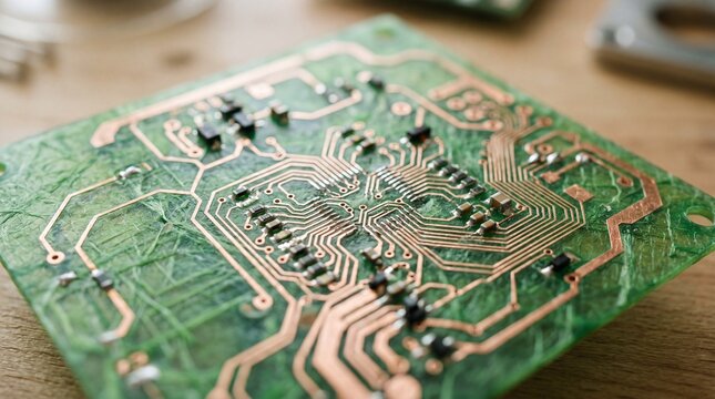 Copper traces and tiny electronic components densely populate a translucent green printed circuit board. This macro shot conveys an intricate, industrial, and technical feeling.