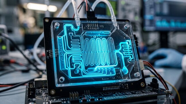 Neon blue liquid flows through complex channels in a transparent microfluidic device. Set in a lab, it conveys a luminous, cutting-edge, and highly scientific visual feeling.