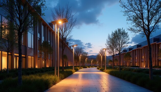Modern streetlights illuminate a pathway between buildings at twilight. The path is paved with bricks. Trees line the walkway, and the sky is a deep blue with clouds.