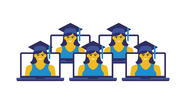 Diverse group of graduates celebrating online learning achievement on laptops