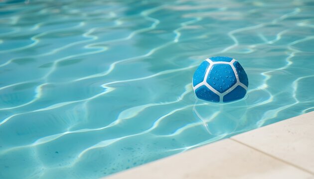 Blue soccer ball shaped pool chlorine float dispenser floating in clear turquoise swimming pool water during summer, representing clean water maintenance concept
