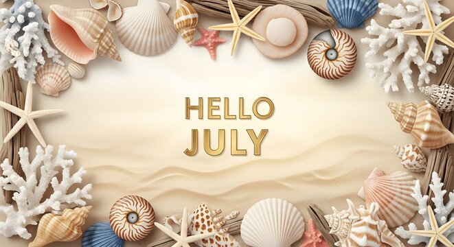 Hello July greeting text in golden lettering framed by seashells starfishes and corals on sandy beach background