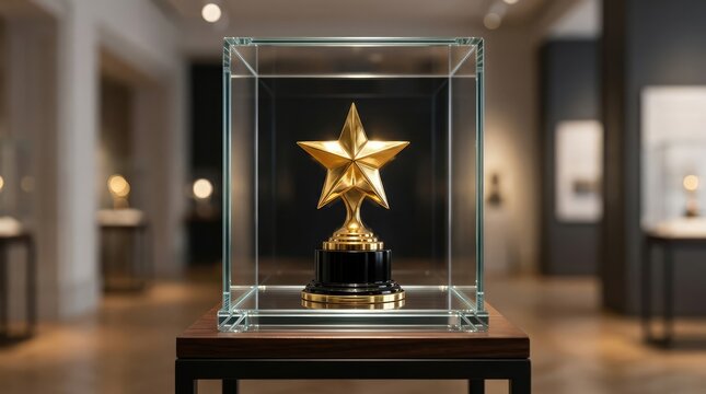 Golden Star Trophy in Display Case: A gleaming golden star trophy, symbolizing achievement and recognition, is showcased within a pristine glass display case in a museum setting.