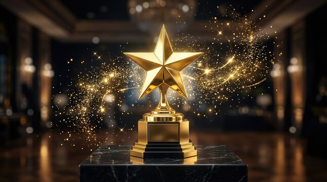 Golden Star Award Ceremony: A gleaming golden star trophy rests on a marble pedestal, illuminated by a cascade of sparkling gold dust, suggesting a prestigious award or celebratory event.