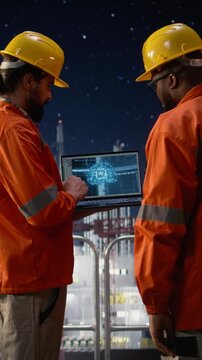 Vertical Video Managing disruptions with AI, blockade and drilling rig engineering team with offshore platform context during oil crisis.