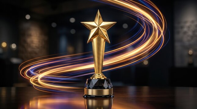 Golden Star Trophy with Swirling Light Trails: A prestigious golden star trophy stands proudly on a polished surface, surrounded by abstract, swirling light trails, symbolizing achievement.