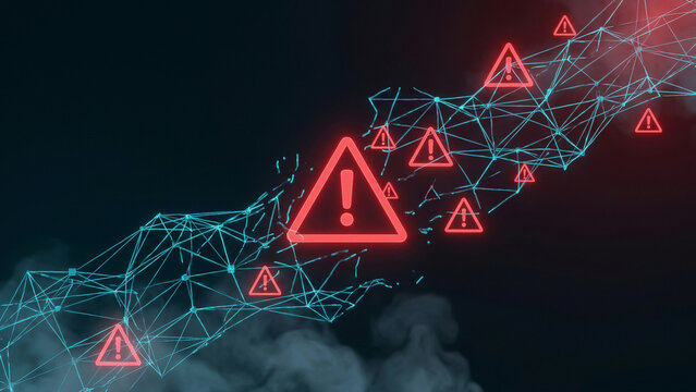 Glowing Red Warning Triangle Alert Icons over Blue Digital Network Mesh Symbolizing Cyber Threat and System Error Perfect for Security Advertising Presentation and Technology Website Background