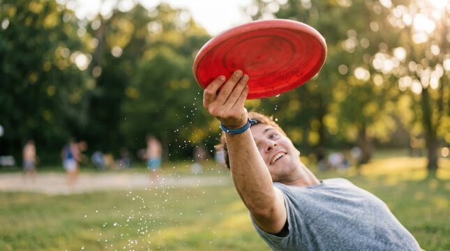 Young Caucasian man throwing red frisbee in sunny park during summer outdoor recreational activity