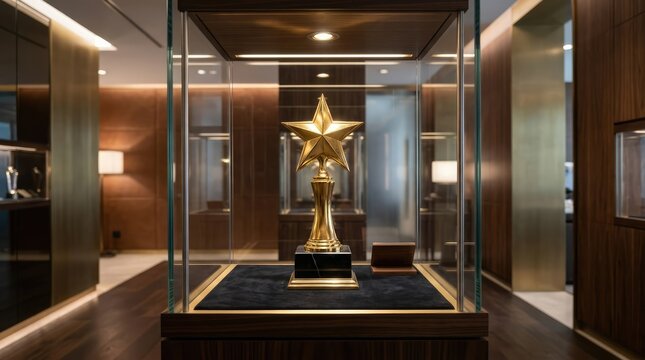 Golden Star Trophy Display: A magnificent golden star trophy, a symbol of excellence and achievement, is showcased in a modern glass display case within an elegant, wood-paneled interior.