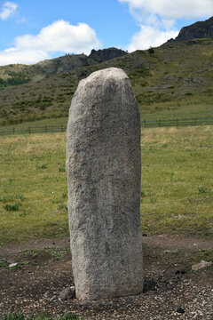 Menhir Akh Tas - sacred white stone. Kyug Valley, Khakassia, Siberia, Russia