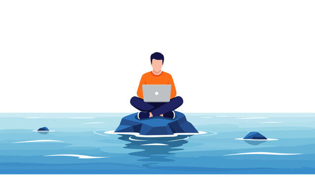 Digital Nomad Freedom Man Sitting on Rock in Ocean with Laptop ideal for remote work concepts and freelance lifestyle marketing.
