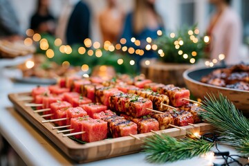 Obraz premium Delicious skewers of grilled halloumi cheese and watermelon at a festive outdoor party