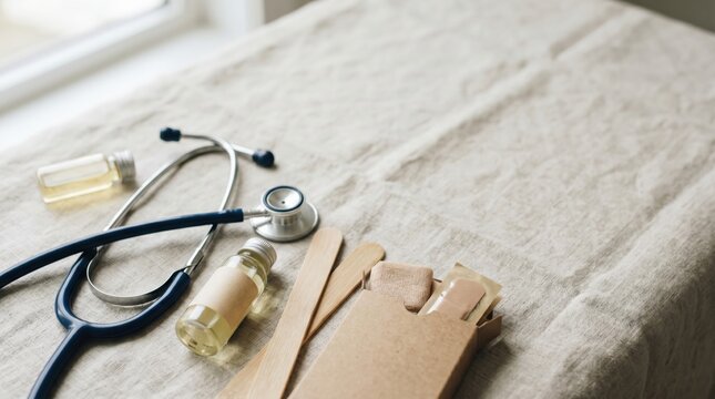 Holistic medical supplies with stethoscope and natural remedies on a clinic table for alternative healthcare consultation