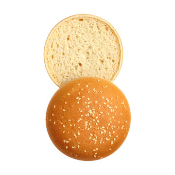 Two halves of a classic sesame seed hamburger bun one sliced to show the soft interior texture on transparent background