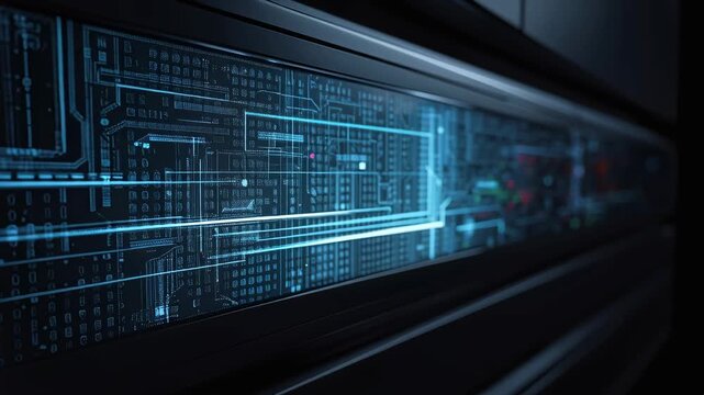 Futuristic server circuit panel glowing blue data pathways and sleek rack display conveying high