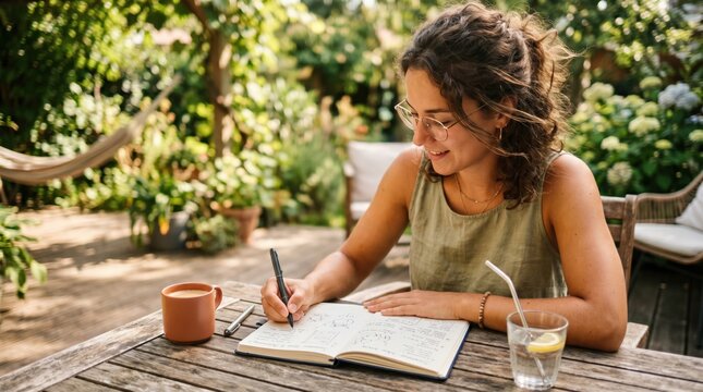 Young woman writing in a journal while sitting at a wooden table on a sunny garden patio