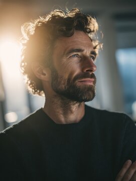 Close up portrait of inspirational entrepreneur confidently powerfully embracing their passion surrounded subtle soft focus warm gradient effect airy atmosphere evoking sense of creativity moody color