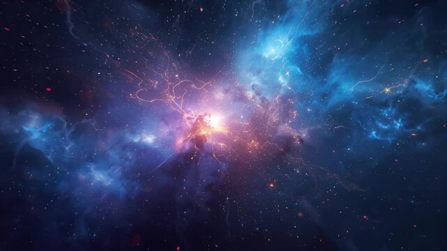 Vibrant blue nebula cosmic cloud interstellar gas star formation with glowing core electric