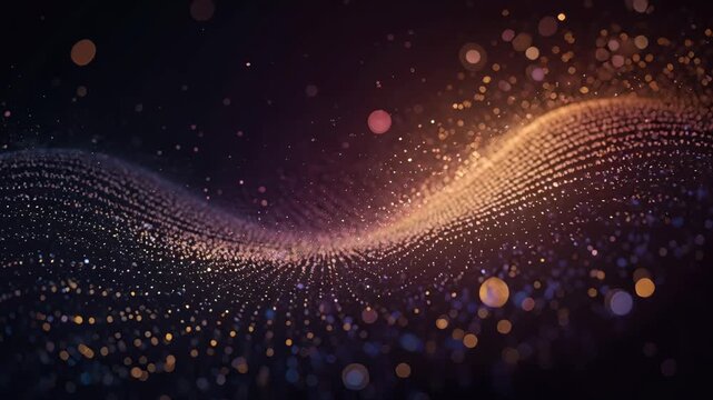 Glowing particle wave abstract motion glow bokeh with golden purple flowing gradient and depth