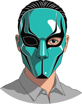 A mysterious person wearing a teal mask concealing facial identity while maintaining a compelling presence during an anonymous gathering or secretive meeting event requiring total privacy and