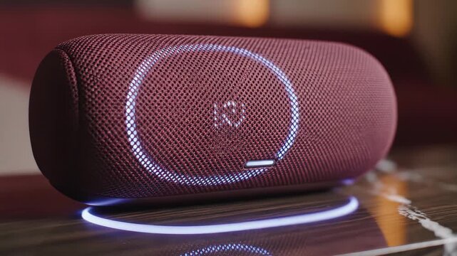 Portable bluetooth speaker with a color-changing LED light ring on a marble table. Modern audio device with fabric texture in a dark interior. Music and technology