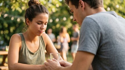 Obraz premium Young couple having a serious conversation outdoors, holding hands while discussing relationship problems in a park