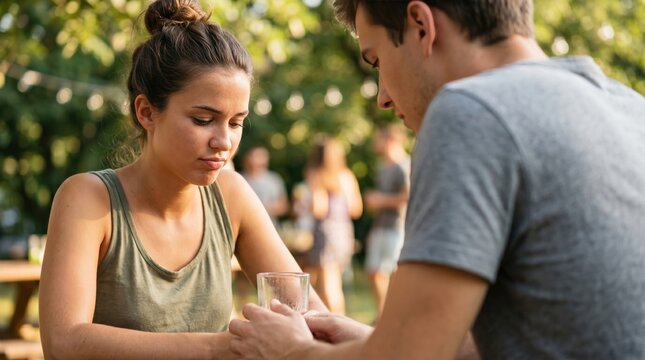 Young couple having a serious conversation outdoors, holding hands while discussing relationship problems in a park
