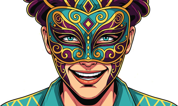 Man wearing colorful Mardi Gras mask smiling at camera in ornate carnival costume with vibrant makeup
