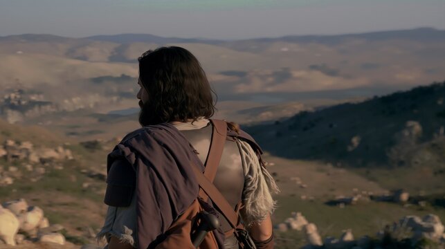 Biblical leader Joshua staring out at the Promised Land valley