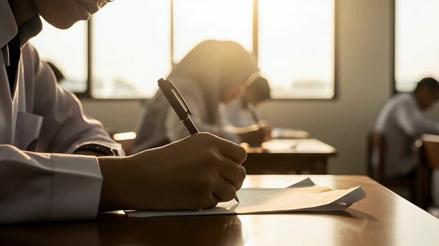Student focused on completing a difficult academic exam using a pen while writing on white paper inside a bright sunny classroom during an important daily school test session