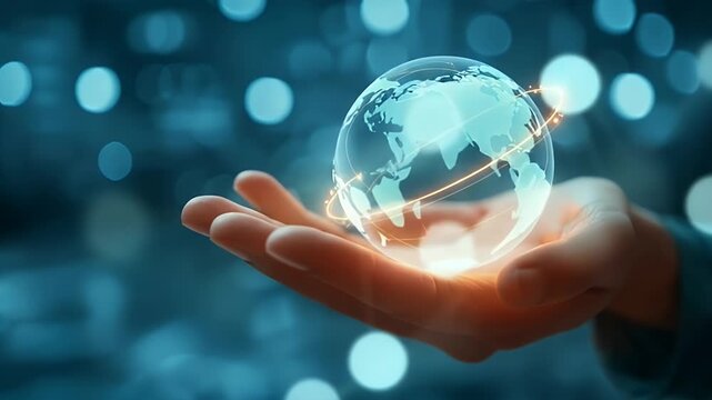 Human hand delicately holding a luminous, transparent globe showing a digital world map with orbiting light trails, symbolizing global connection, advanced technology, and a connected future.