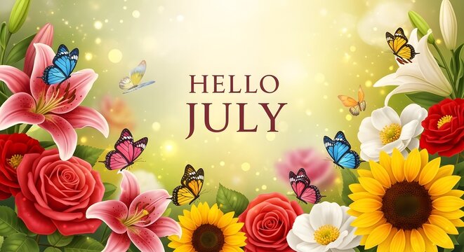 Hello July greeting text framed by blooming summer flowers and colorful flying butterflies on golden bokeh background