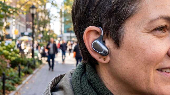 A smiling woman wears a sleek, glowing silver earpiece hooked around her ear. The blurred urban street behind her conveys a connected, modern, and joyful commuting feeling.