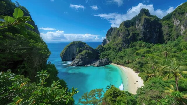 Tropical turquoise bay sandy beach lagoon framed by dramatic limestone cliff secluded cove
