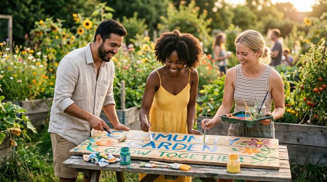 Diverse Adults Painting Community Garden Sign Together in Outdoor Vegetable Plot