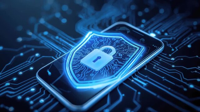 Secure smartphone with glowing shield and padlock emblem circuit board cyber security data