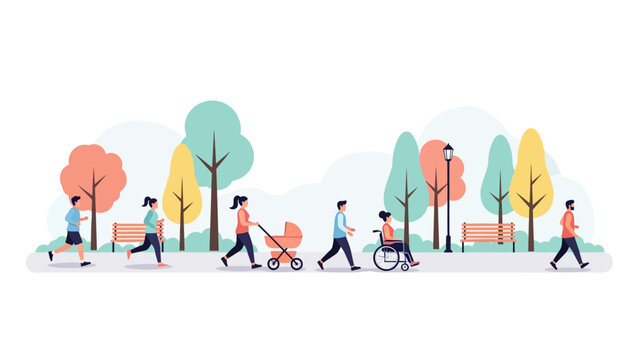 Diverse People in Public Park flat vector illustration of joggers, a mother with a stroller, and a person in a wheelchair on a park path ideal for urban planning and inclusive society.