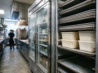 Obraz premium Refrigerated kitchen aisle with steel shelves and prep containers