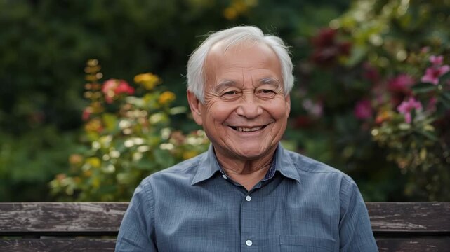 Elderly man smiling contented on wooden bench in garden with colorful flowers and sunlight greenery