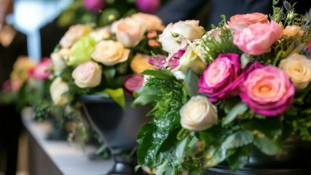 Elegant rose floral arrangements in dark vases. Bouquets of pink and white flowers for a formal service. Memorial or wedding decor concept