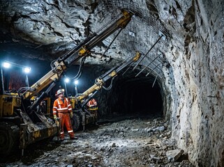 Fototapeta premium Roof bolting drills stabilizing an underground mine tunnel