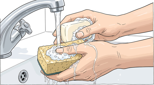 Hands washing a sponge under running water faucet
