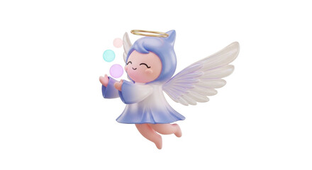 Obraz premium Cute blue angel blowing colorful bubbles