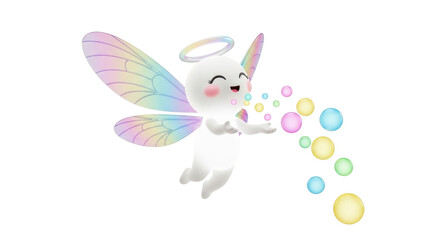 Obraz premium Cute cartoon angel blowing colorful bubbles