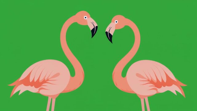 Two pink flamingos facing each other isolated on a green screen chroma key background.