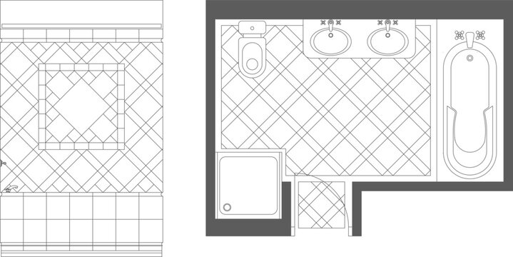 2D architectural floor plan and wall tile elevation of a complete bathroom layout with double vanity, bathtub, shower, and toilet.